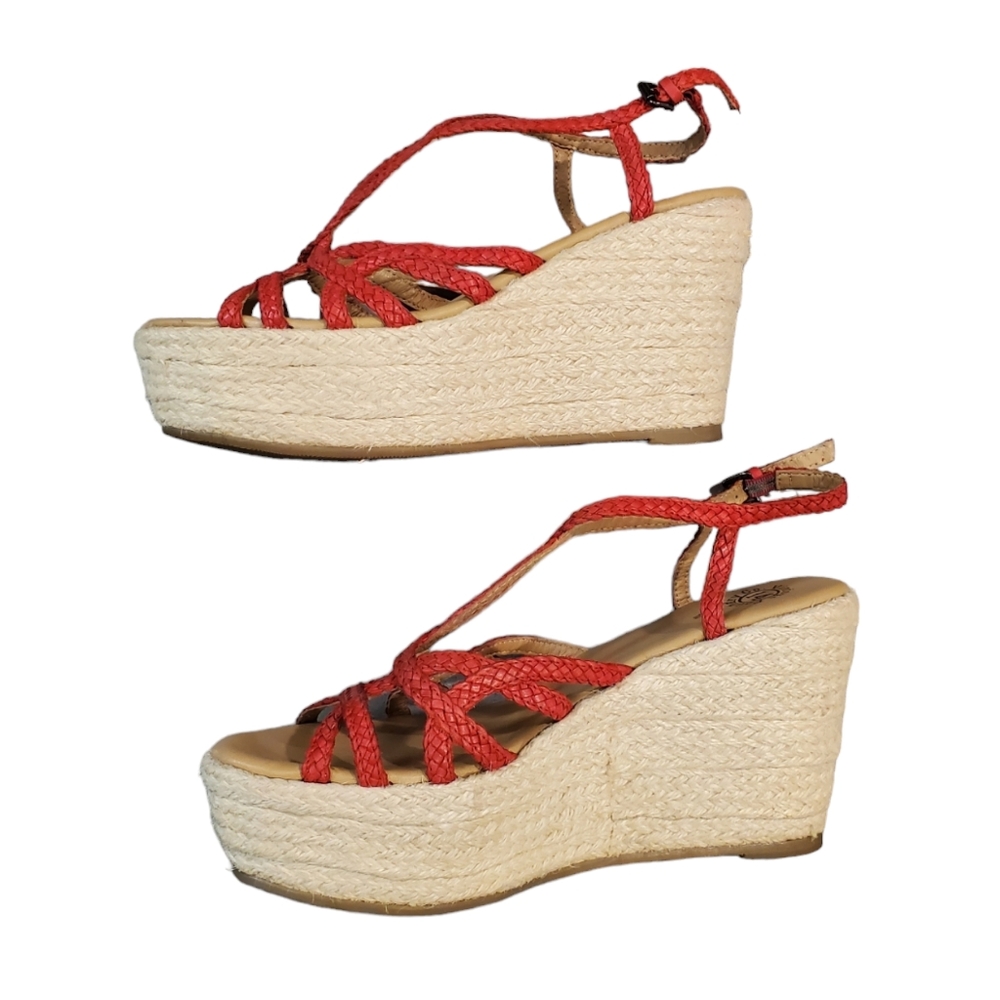 Vintage Foundry Espadrill Sandals Womens Size 10 Red Ankle Straps Wedge Sandals - Picture 5 of 13
